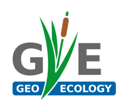 Logo der Arbeitsgruppe Geoökologie der Universität Wien: graues G für Geo, grüne Blätter und Stängel mit braunem Rohrkolben dazwischen abgebildet, E für Ecology; unten blaue Balken mit den Wörtern GEO und ECOLOGY.